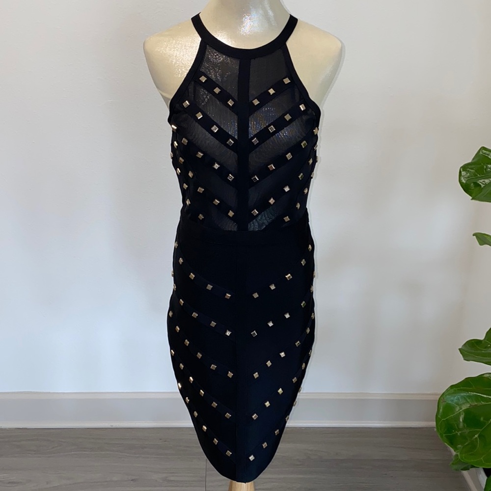 Bebe studded black halter neck dress